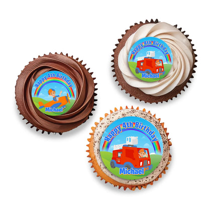 Blippi personalized cupcakes toppers in blue and orange theme, small round toppers arranged in flat lay on white background