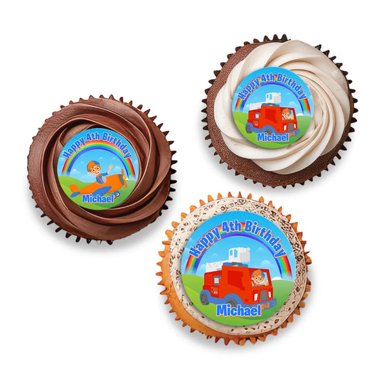Blippi personalized cupcakes toppers in blue and orange theme, small round toppers arranged in flat lay on white background