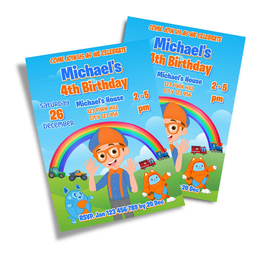 Blippi personalized birthday card invitations with blue and orange design, folded card layout shown on white background