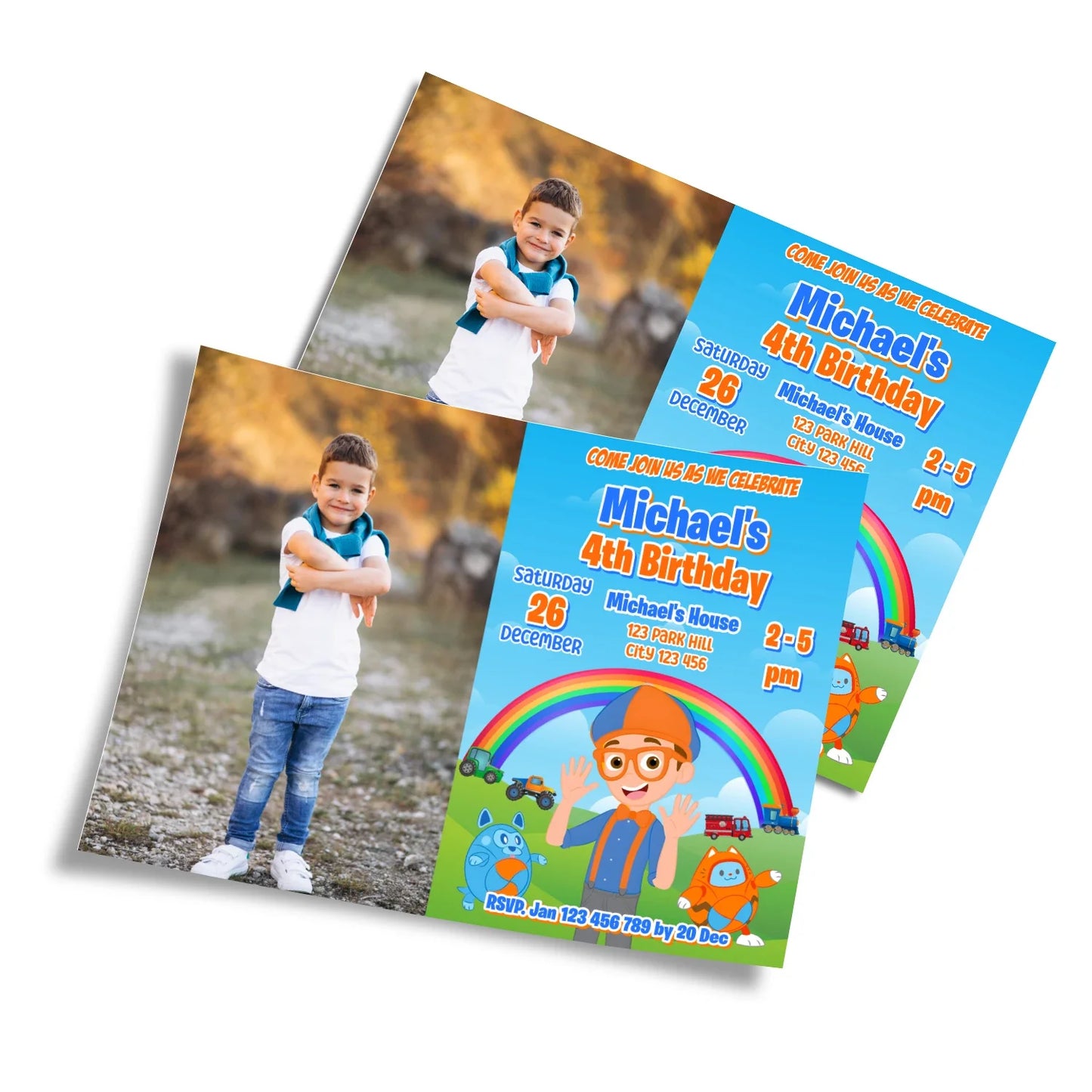 Blippi personalized photo card invitations featuring custom photo area and blue orange theme, flat lay on white background