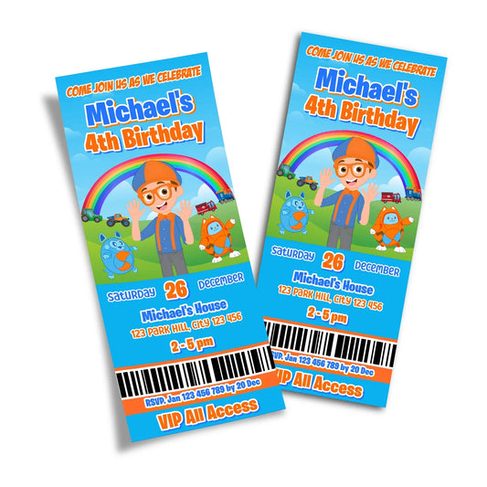 Blippi personalized birthday ticket invitations with playful blue and orange layout, ticket style cards shown on white background