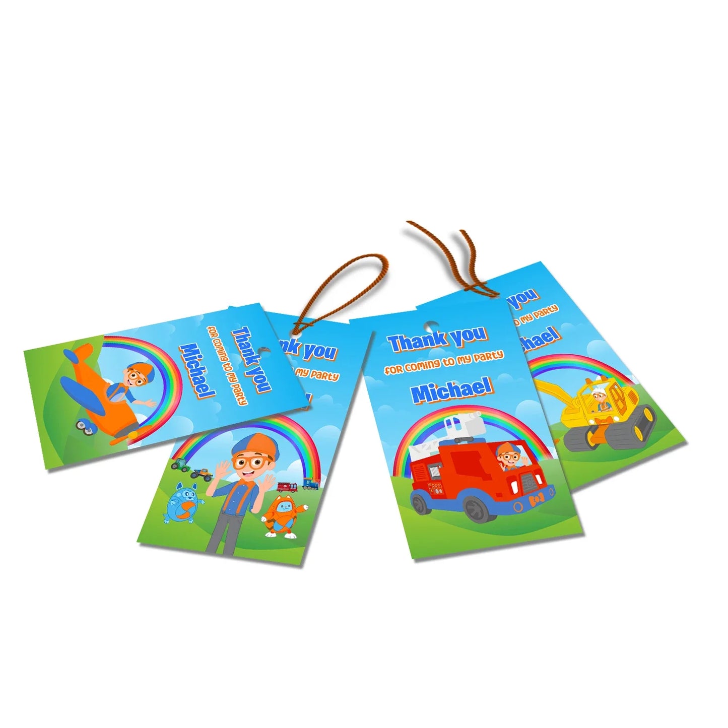 Blippi thank you tags with blue and orange theme, small rectangular favor tags displayed on white background