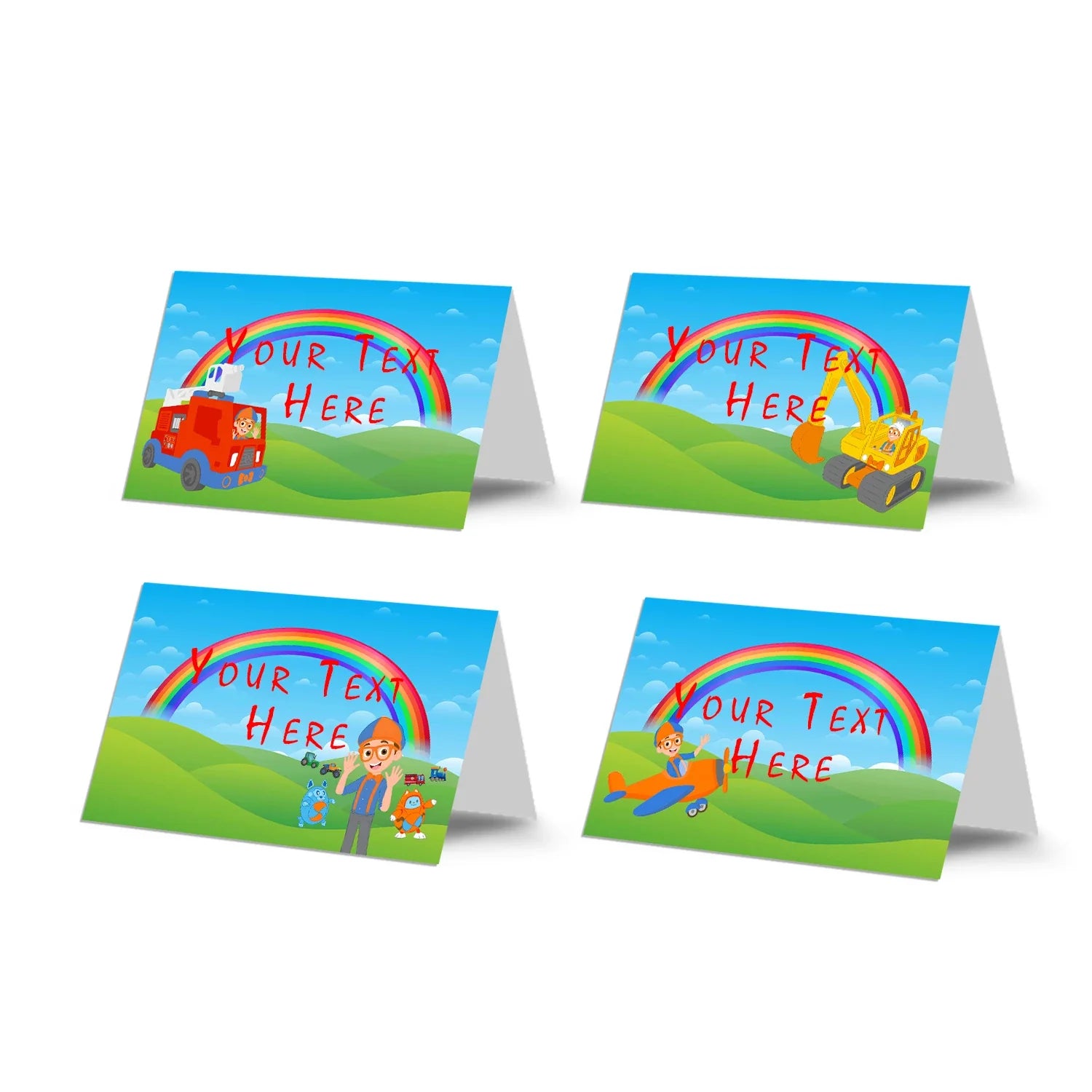 Blippi food cards featuring blue and orange themed designs, tent style label cards arranged on white background