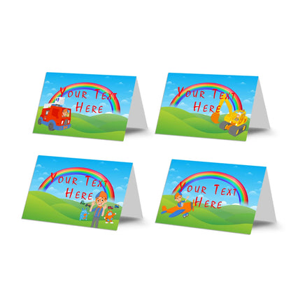 Blippi food cards featuring blue and orange themed designs, tent style label cards arranged on white background