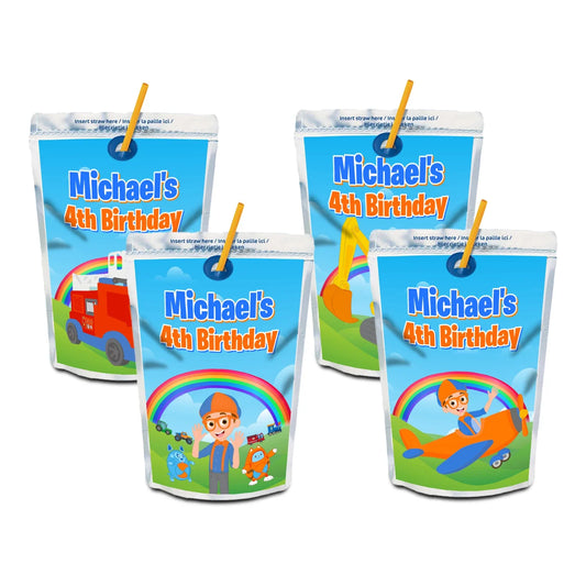 Blippi juice pouch label featuring bright blue and orange graphics, wrap style label displayed on white background
