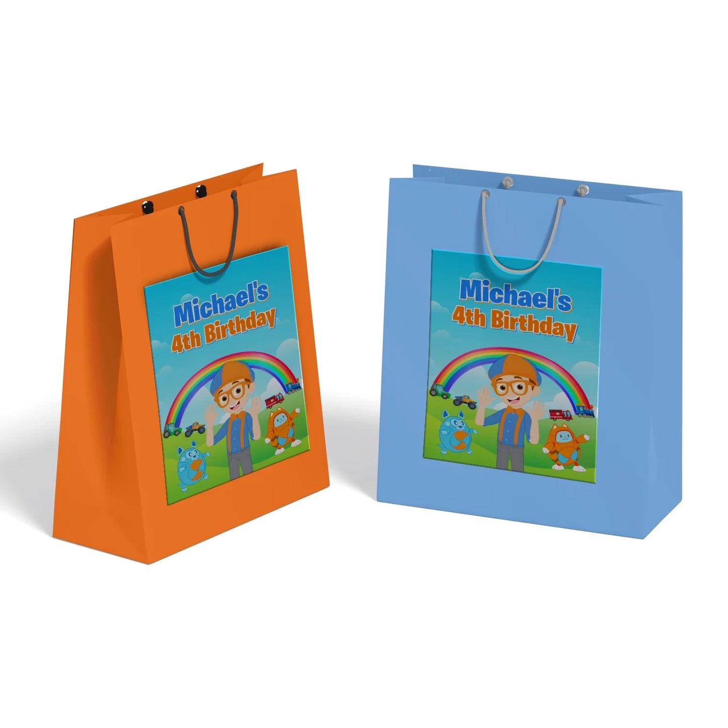 Blippi goodie bag label with playful blue and orange design, printable bag label displayed on white background