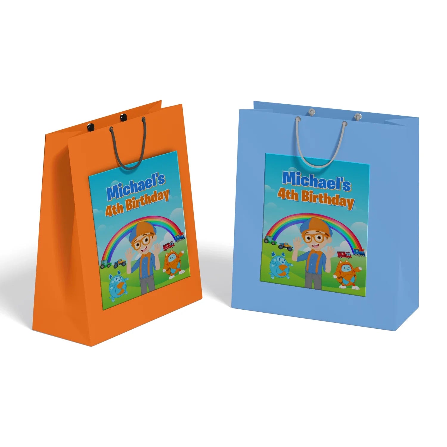 Blippi goodie bag label with playful blue and orange design, printable bag label displayed on white background