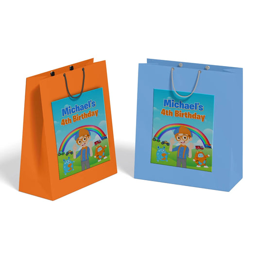 Blippi goodie bag label with playful blue and orange design, printable bag label displayed on white background