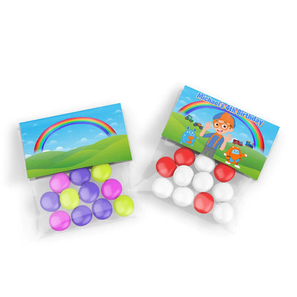 Blippi treat bag topper label with blue and orange theme, folded topper design displayed on white background