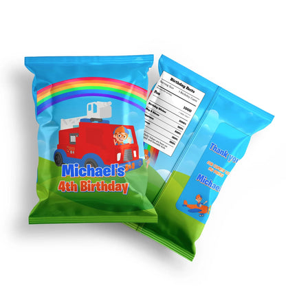 Blippi chips bag label with bold blue and orange design, full size snack wrap shown flat on white background