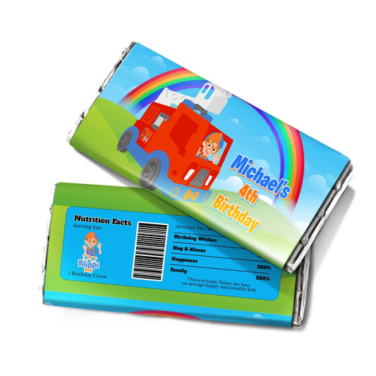 Blippi chocolate label with blue and orange theme, candy bar wrapper displayed on white background
