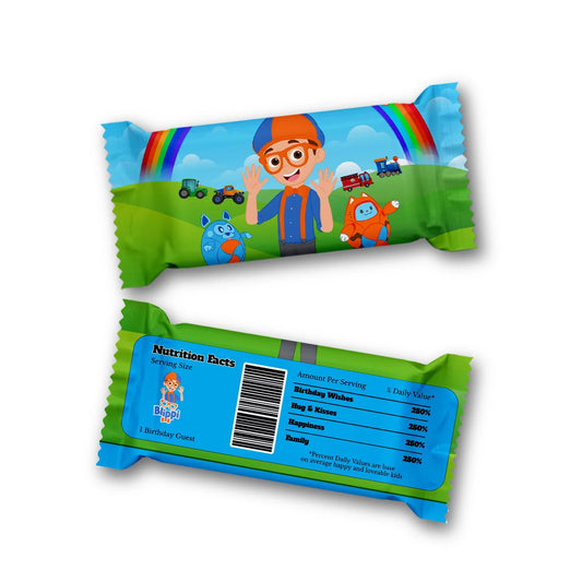Blippi Rice Krispies treats label and candy bar label with matching blue and orange designs, flat lay on white background