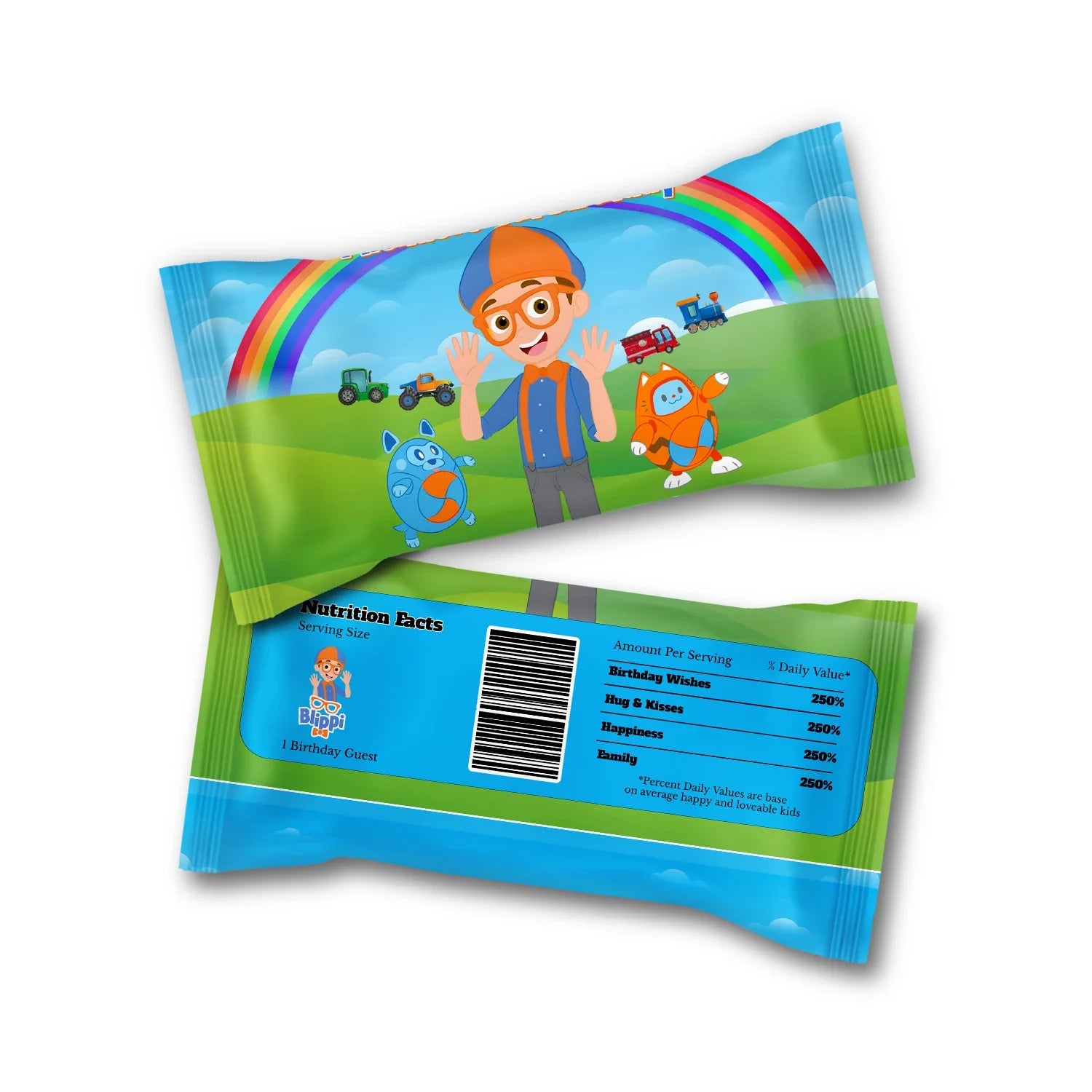 Blippi Skittles label featuring bright blue and orange theme, candy pack wrap shown flat on white background