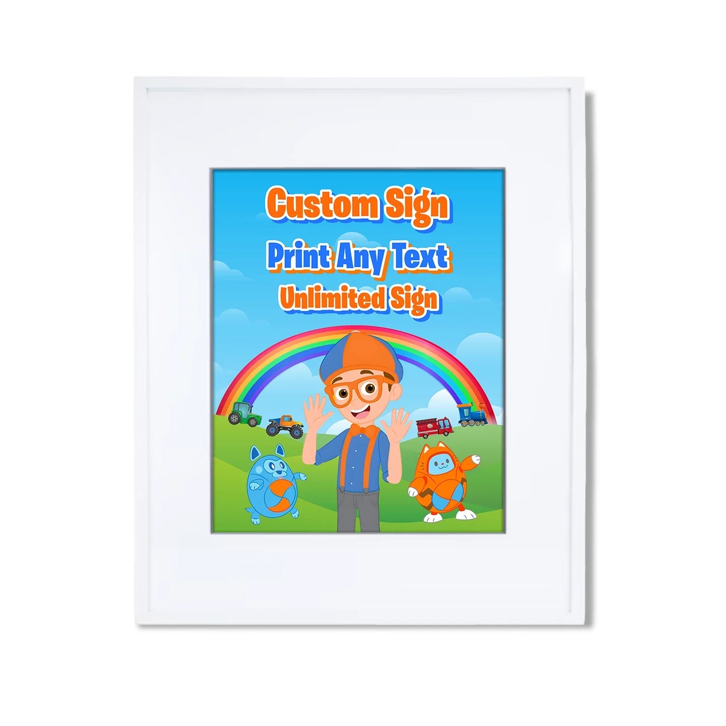 Blippi custom sign with blue and orange themed graphics, rectangular party sign displayed on white background