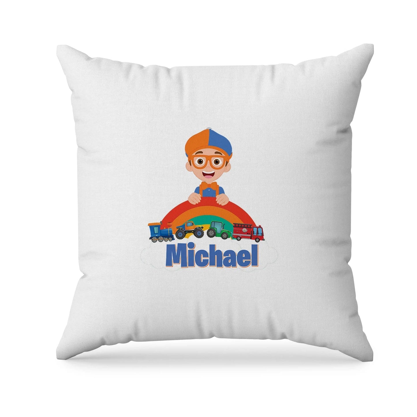 Blippi sublimation pillowcase with blue and orange themed print, soft fabric pillowcase displayed on white background