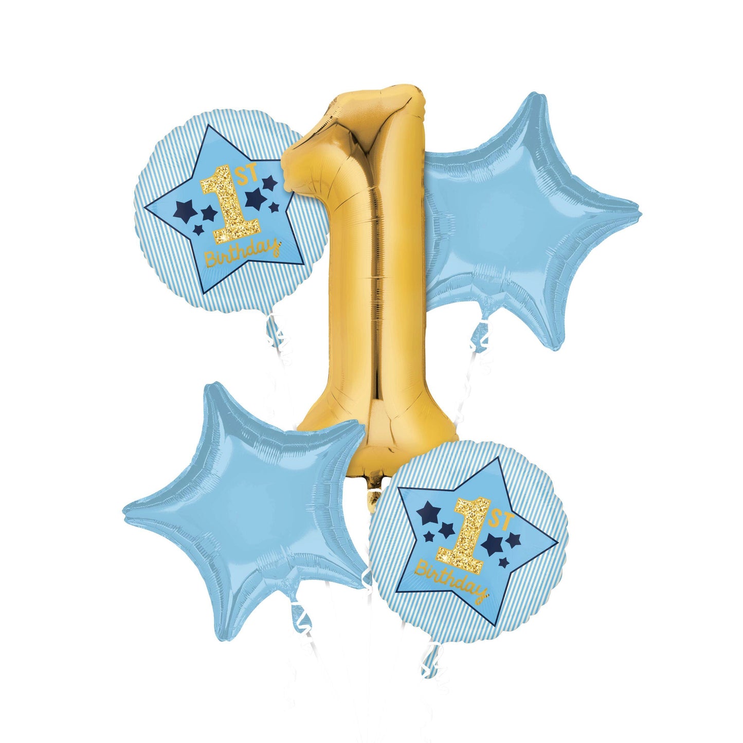 "1st Birthday" Star/Round Satin Foil Balloon Bouquet, Blue/Gold, 5-pk for Birthday Party