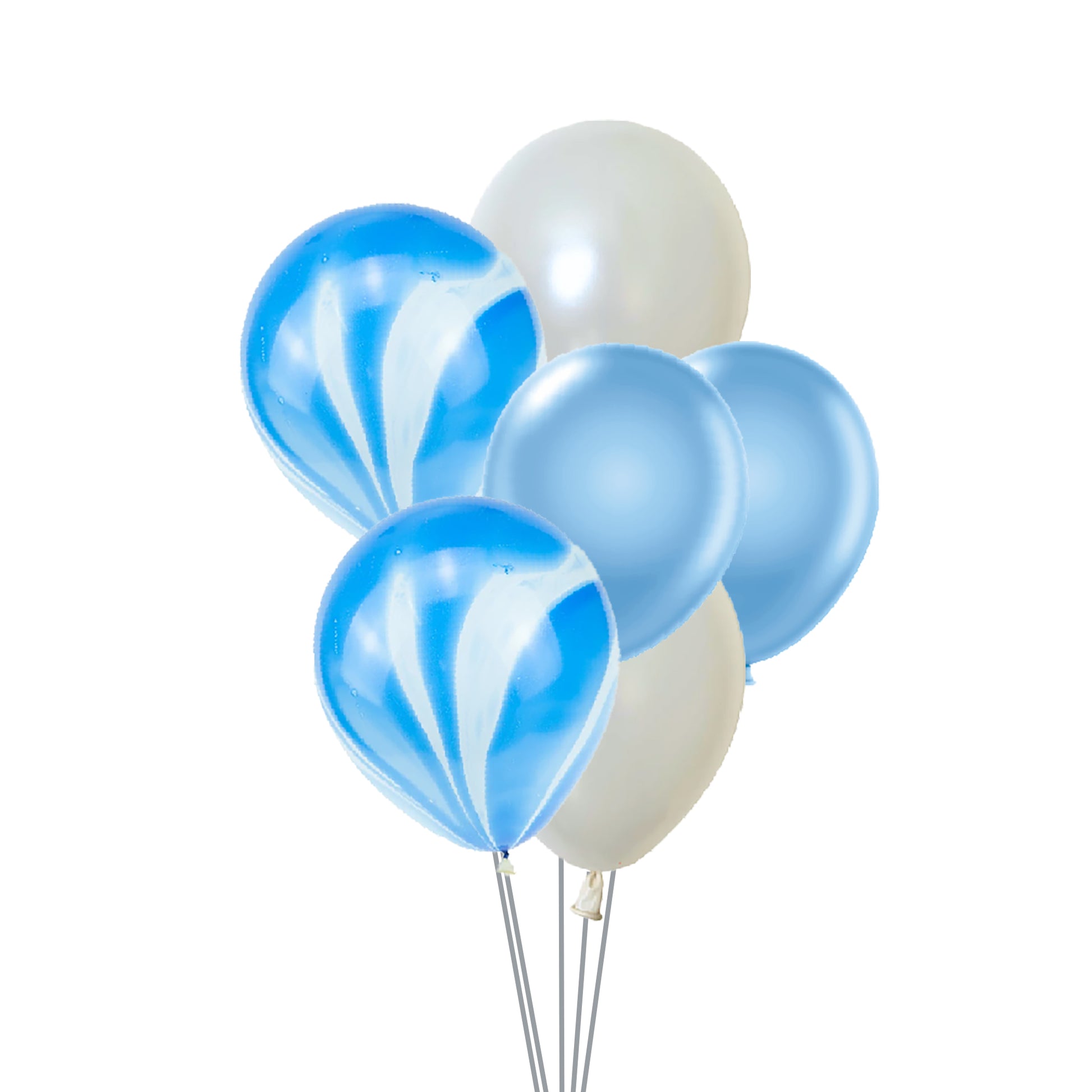 Set of 6 latex balloons in blue, light blue, and marble design, perfect for party decorations