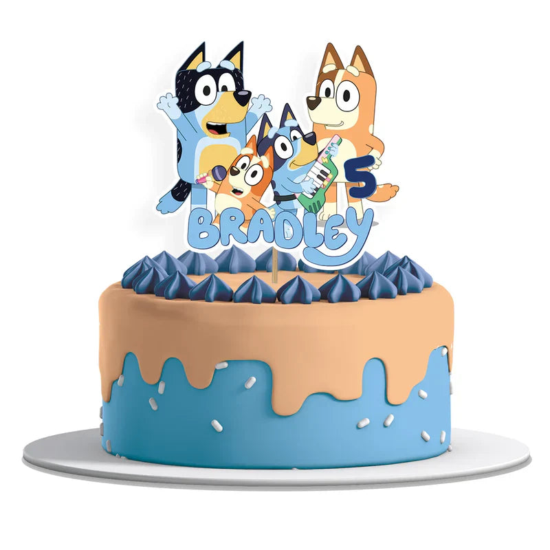 Bluey cake toppers personalized with character graphics on cardstock in flat lay format