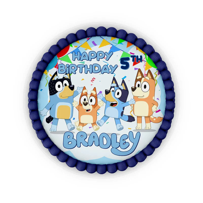 Bluey edible icing cake image with Bluey design centered on white round cake