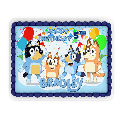 Bluey edible sheet cake topper with personalized name in bold text on rectangular cake