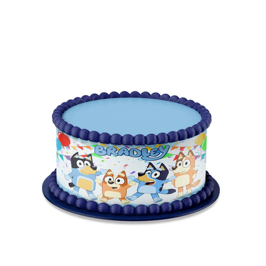 Bluey edible cake strips with custom name design in vibrant colors on cake edge flat lay