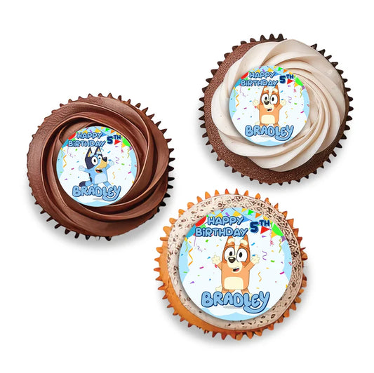 Bluey cupcake toppers printable with Bluey characters on white background in a flat lay