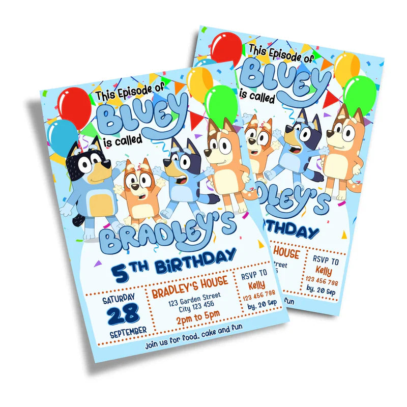 Bluey birthday card invitations with editable text and colorful background flat lay