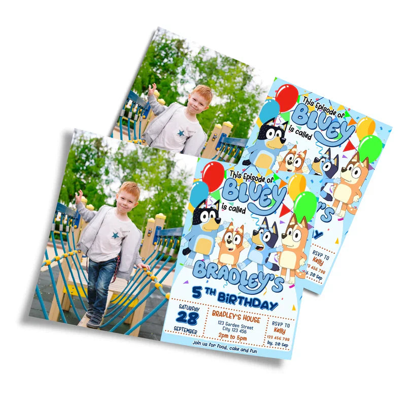 Bluey photo card invitations with personalized image and Bluey theme on white background