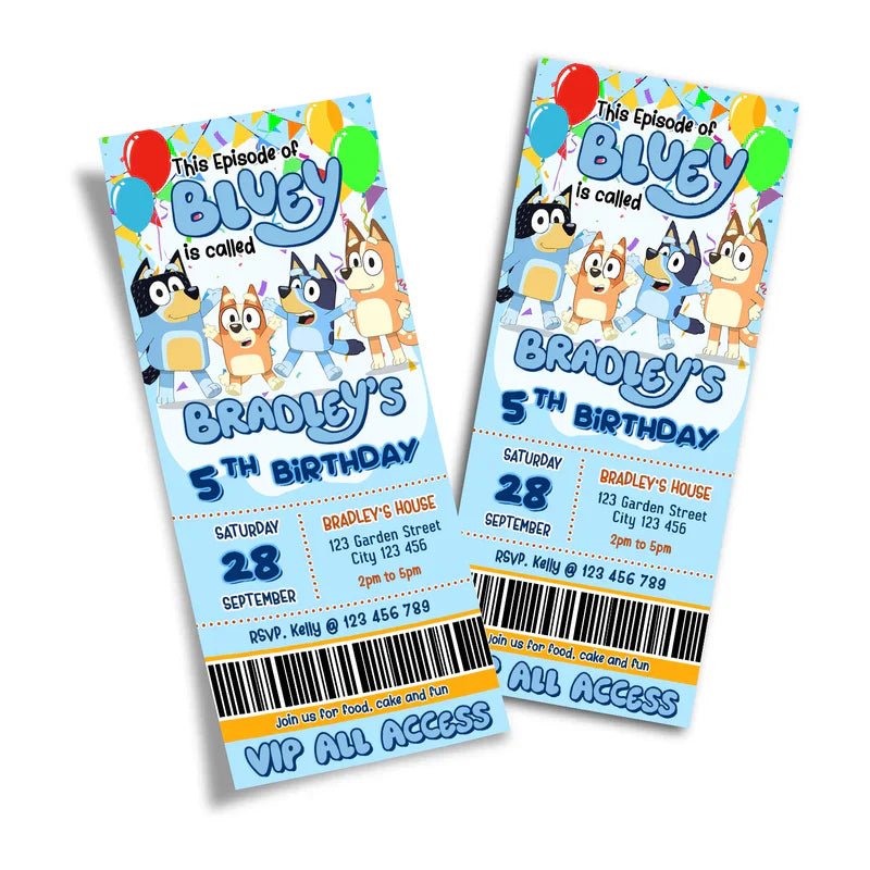 Bluey birthday ticket invitations editable with cartoon characters on digital flat lay