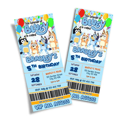 Bluey birthday ticket invitations editable with cartoon characters on digital flat lay