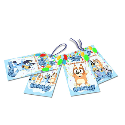 Bluey thank you tags personalized with fun Bluey graphics and editable text