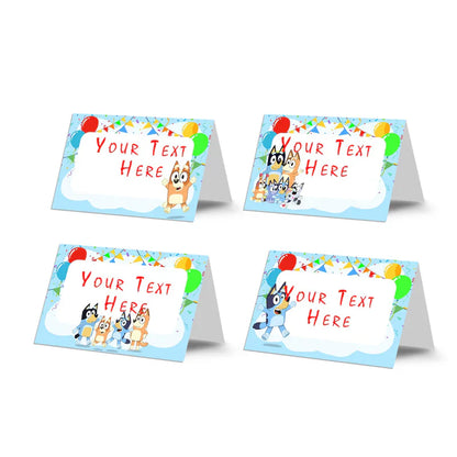 Bluey food tent cards with editable labels in a playful color scheme on white surface
