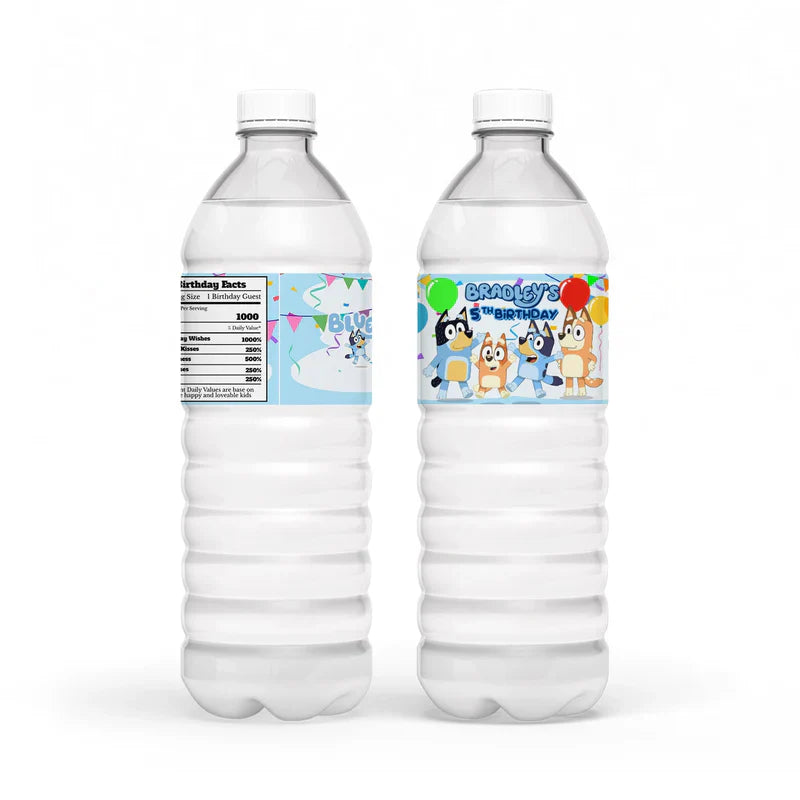 Bluey water bottle label with personalized design wrapped around clear bottle on table