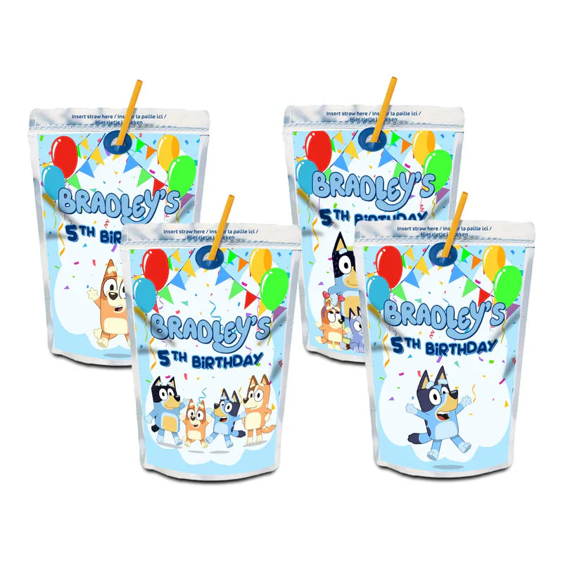 Bluey juice pouch label template with custom name and colorful design on silver pouch