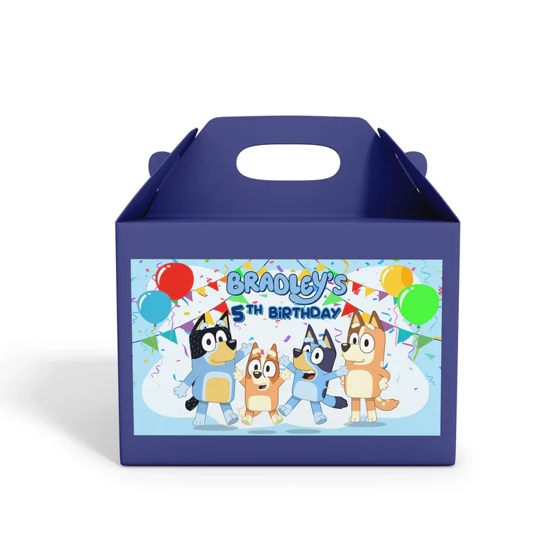 Bluey treat box label with Bluey character sticker on kraft gable box flat lay