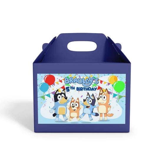 Bluey treat box label with Bluey character sticker on kraft gable box flat lay