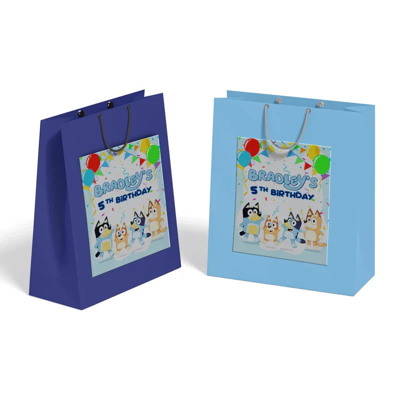 Bluey goodie bag label with editable text on pastel bag topper placed on a white surface