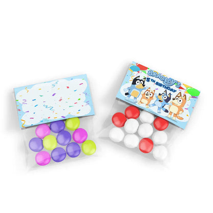 Bluey treat bag topper label printable with cartoon graphics over sealed snack bag
