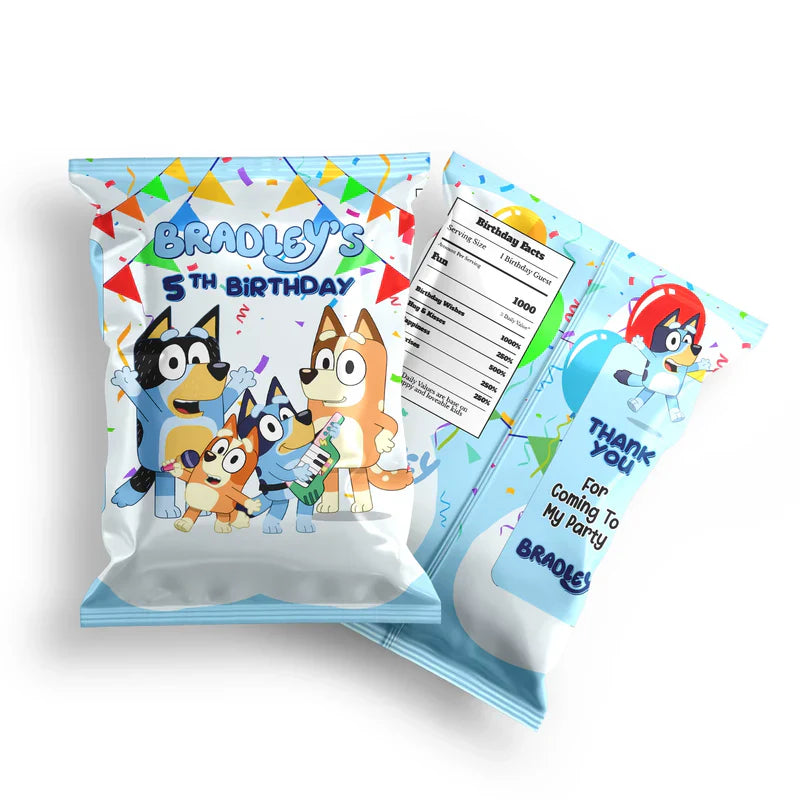 Bluey chips bag label editable with fun party design on flat snack wrapper