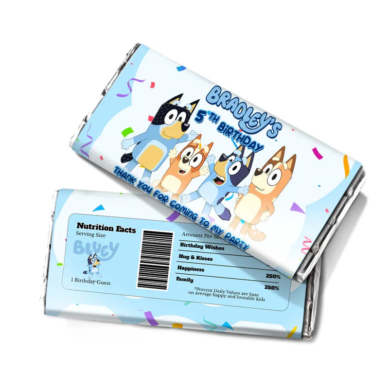 Bluey chocolate label wrapper with personalized name in bold over wrapped bar
