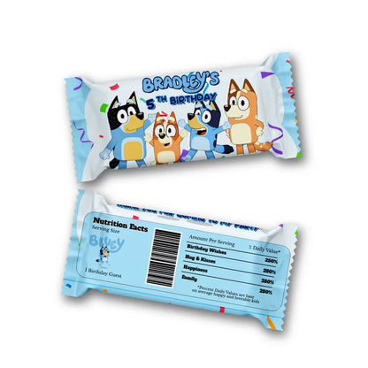 Bluey Krispies and candy bar label with editable design on snacks in flat lay