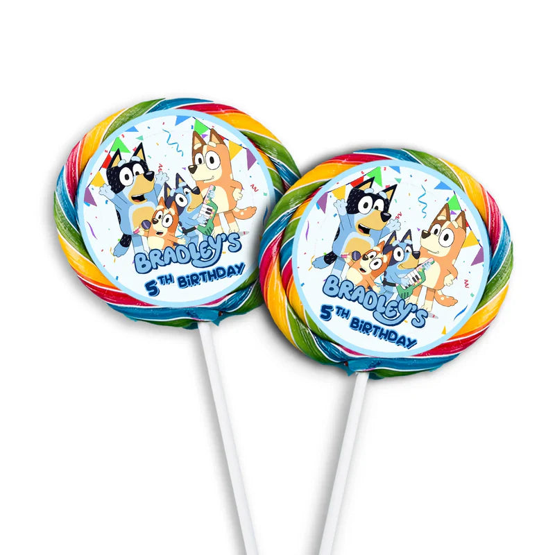 Bluey lollipop label round sticker with name around cartoon character on white background