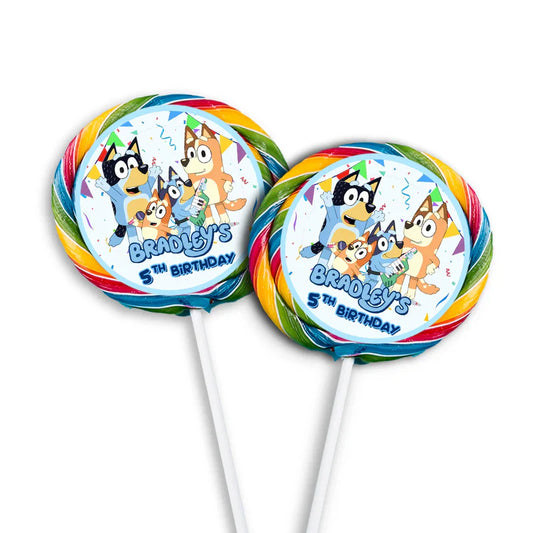 Bluey lollipop label round sticker with name around cartoon character on white background