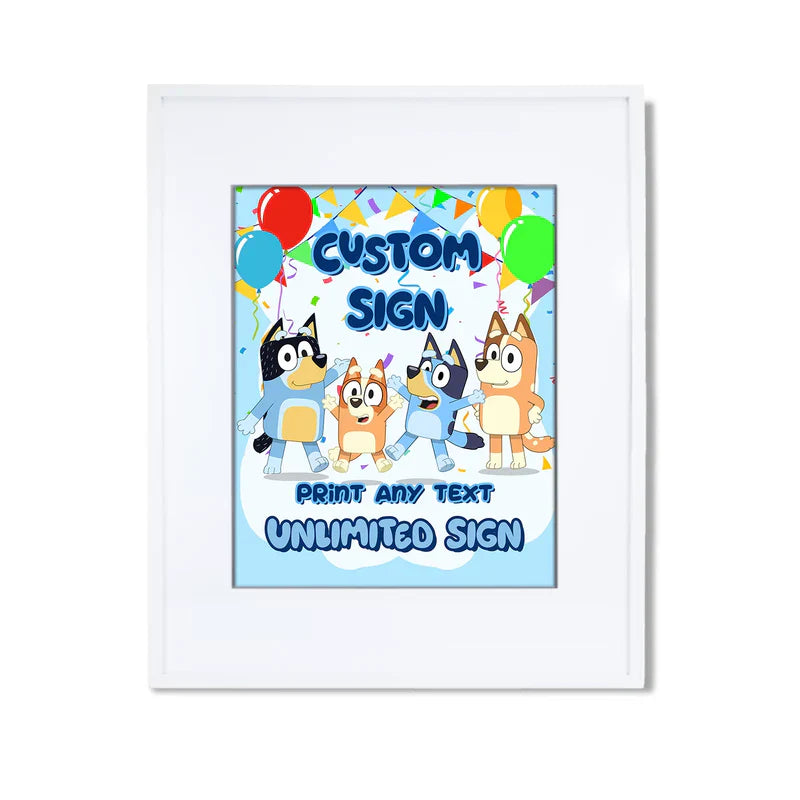 Bluey custom party sign printable with editable name in blue and white theme