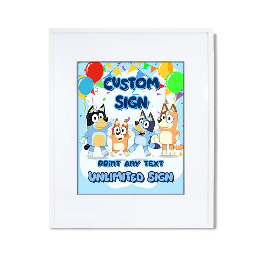Bluey custom party sign printable with editable name in blue and white theme