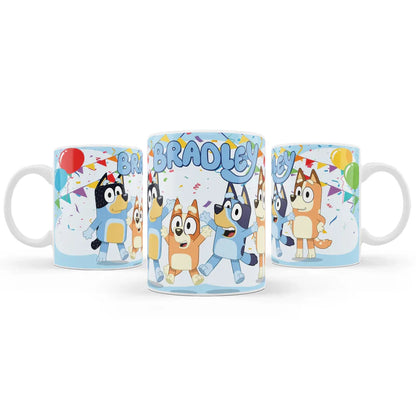 Bluey sublimation mug design with cartoon character and name on white ceramic cup