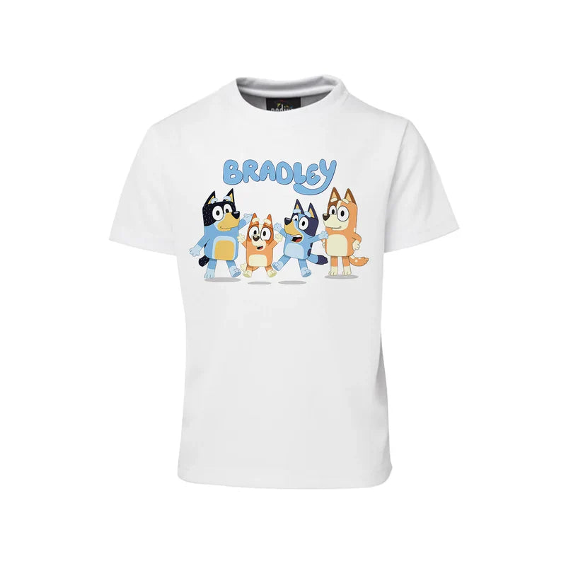 Bluey sublimation T-shirt design with bold text and cartoon print centered on fabric