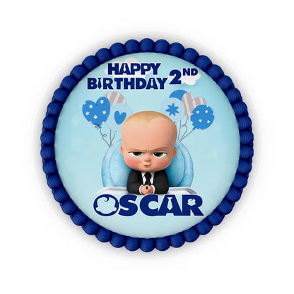 The Boss Baby edible icing cake image with name and age in bold colors printed on frosting sheet close-up view