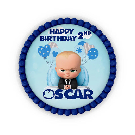The Boss Baby edible icing cake image with name and age in bold colors printed on frosting sheet close-up view
