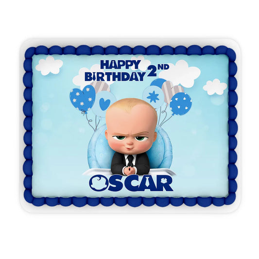 The Boss Baby sheet cake image with full-page edible design in blue and gold colors on white surface background